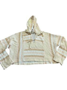 Roxy Striped Cropped Hoodie Cream Tan Yellow Oversized Size Large Surf Beach